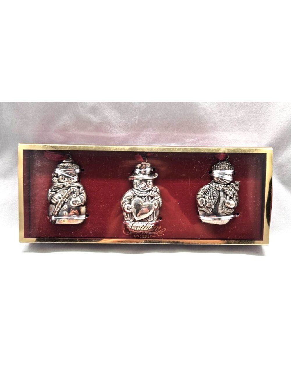 3 Silver Plated Snowman Ornaments Gorham Holiday Tradition Candy Cane Heart Tree